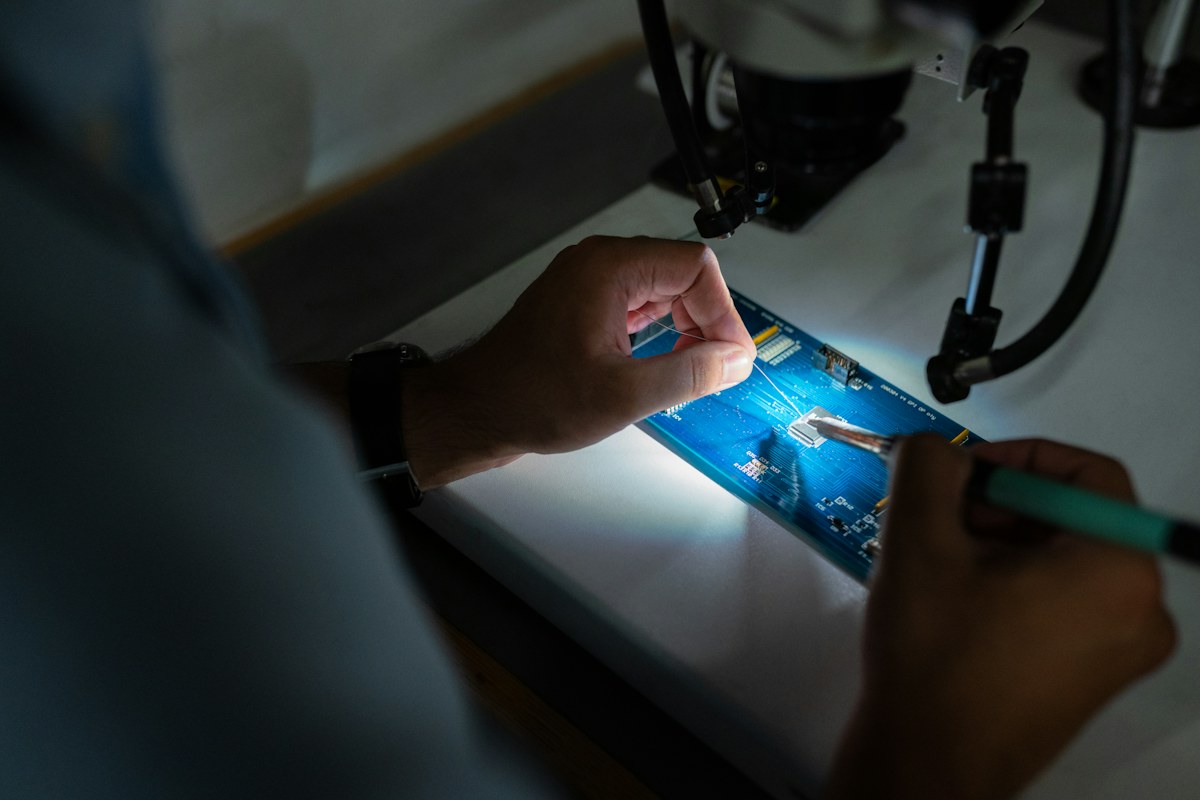 DeviceLab hardware R&D engineer probing I/O signal integrity and power supply stability on a localized industrial control board using a digital oscilloscope