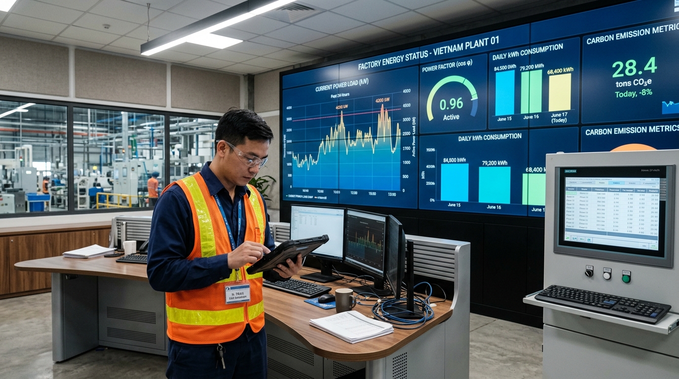 Central factory energy management software console displaying electrical distribution charts