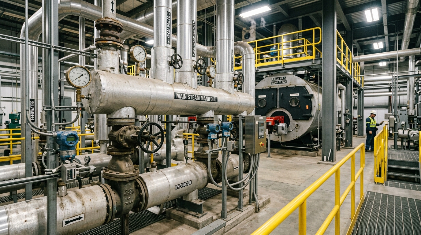 Industrial boiler room instrumented with IoT pressure and telemetry sensors
