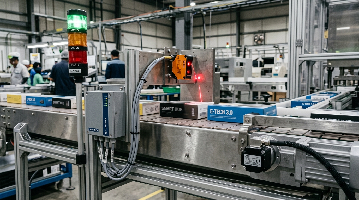 Conveyor optical photoelectric counter and Andon tower light calculating OEE metrics automatically